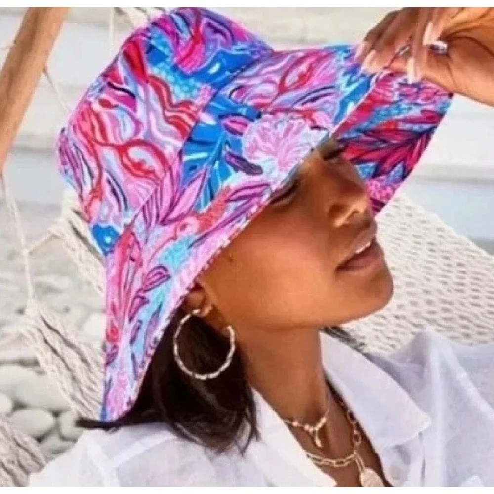 Lilly Pulitzer Bucket Hat Womens One Size Blue Pink‎ Floral Tropical Wide Brim
